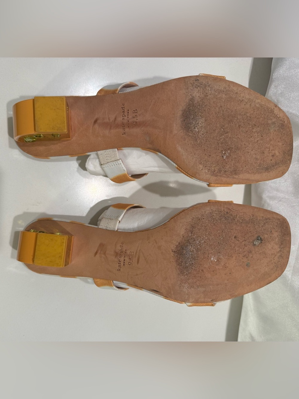 Kate Spade Yellow and White Striped Sandals with LEMON clear heel. - Picture 4 of 6